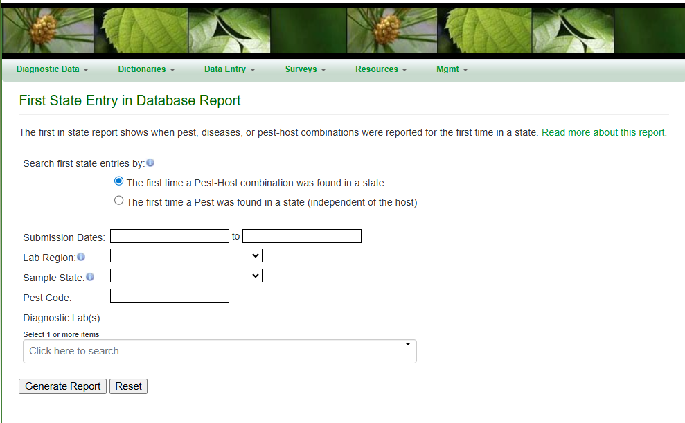 A screenshot of the First State Report search form
